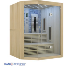 Moderne Infrarotkabine in Eckform mit Glasfront, Holzbänken, Infrarotstrahlern und Rückwand in Steinoptik. Sanotechnik International Logo.