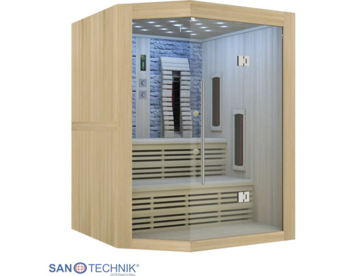Moderne Infrarotkabine in Eckform mit Glasfront, Holzbänken, Infrarotstrahlern und Rückwand in Steinoptik. Sanotechnik International Logo.