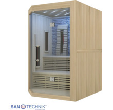 Infrarotkabine aus hellem Holz mit Glastür, zwei Holzbänken, Deckenbeleuchtung und Rückwand in Steinoptik. Sanotechnik Logo.