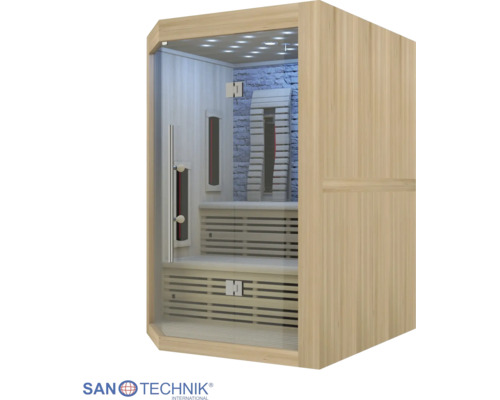 Infrarotkabine aus hellem Holz mit Glastür, zwei Holzbänken, Deckenbeleuchtung und Rückwand in Steinoptik. Sanotechnik Logo.