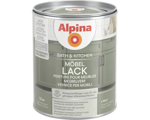 Alpina Bath und Kitchen Möbellack in Olive, seidenmatt, strapazierfähiger Lack für alle gängigen Möbeloberflächen, für circa 10 Quadratmeter.