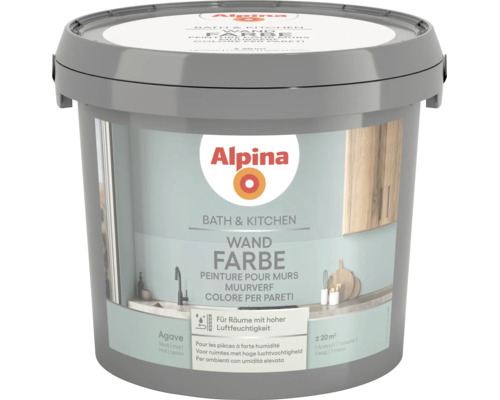 Alpina Wandfarbe Bath und Kitchen für Räume mit hoher Luftfeuchtigkeit matt Farbton Agave Reichweite circa 20 Quadratmeter.