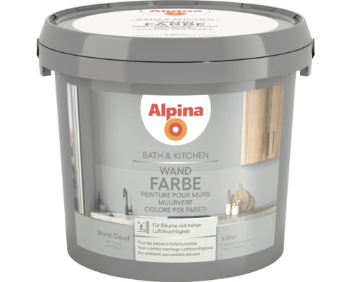 Alpina Bath and Kitchen Wandfarbe Storm Cloud matt für Feuchträume wie Bad und Küche circa 20 Quadratmeter.