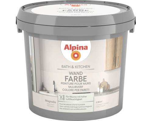 Alpina Wandfarbe Bath and Kitchen, Farbton Magnolia, matte Oberfläche, für Räume mit hoher Luftfeuchtigkeit geeignet.