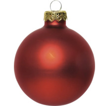 Rote Christbaumkugel aus Glas, matt, mit goldfarbener verzierter Kappe und Aufhängeöse.