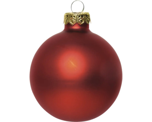 Rote Christbaumkugel aus Glas, matt, mit goldfarbener verzierter Kappe und Aufhängeöse.
