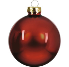 Glänzende rote Weihnachtskugel aus Glas mit goldener Kappe und Aufhängeöse.