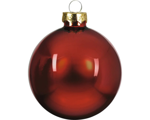 Glänzende rote Weihnachtskugel aus Glas mit goldener Kappe und Aufhängeöse.