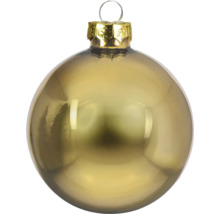 Glänzende goldfarbene Weihnachtskugel aus Glas mit Aufhängung.