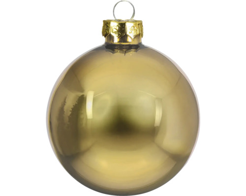 Glänzende goldfarbene Weihnachtskugel aus Glas mit Aufhängung.