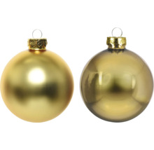 Zwei goldfarbene Weihnachtskugeln aus Glas, eine matt und eine glänzend, mit dekorativen Kappen und Ösen zum Aufhängen.