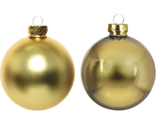 Zwei goldfarbene Weihnachtskugeln aus Glas, eine matt und eine glänzend, mit dekorativen Kappen und Ösen zum Aufhängen.