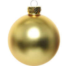 Goldene Weihnachtskugel aus Glas mit matter Oberfläche und verzierter Metallkappe.