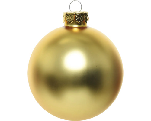 Goldene Weihnachtskugel aus Glas mit matter Oberfläche und verzierter Metallkappe.