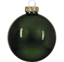 Dunkelgrüne, glänzende Christbaumkugel aus Glas mit goldfarbenem Aufhänger.