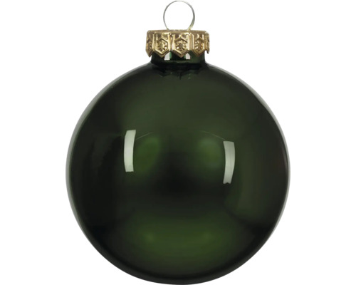 Dunkelgrüne, glänzende Christbaumkugel aus Glas mit goldfarbenem Aufhänger.