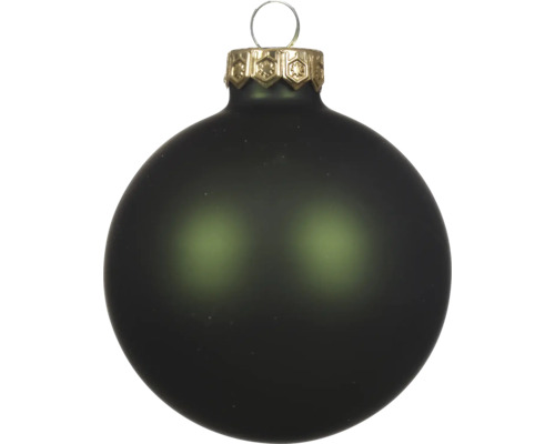 Matte dunkelgrüne Weihnachtskugel aus Glas mit goldfarbener Kappe und Aufhänger.