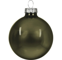 Glänzende Weihnachtskugel aus Glas in Dunkelgrün mit silberner Aufhängung.