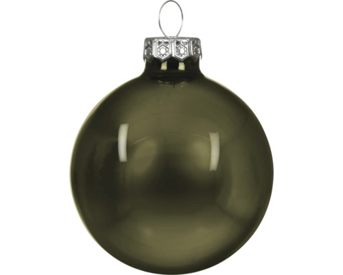 Glänzende Weihnachtskugel aus Glas in Dunkelgrün mit silberner Aufhängung.