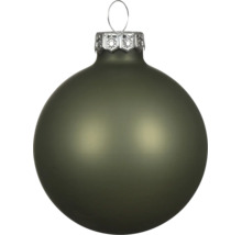 Matte grüne Christbaumkugel aus Glas mit silberner Aufhängung.