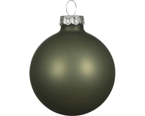 Matte grüne Christbaumkugel aus Glas mit silberner Aufhängung.