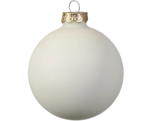 Matte, weiße Weihnachtskugel aus Glas mit goldfarbenem Aufhänger.