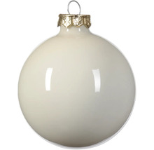 Glänzende cremefarbene Weihnachtskugel aus Glas mit dekorativer goldfarbener Kappe und Aufhängung.