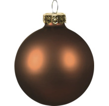Christbaumkugel aus Glas, matt braun, mit goldfarbenem Aufhänger.