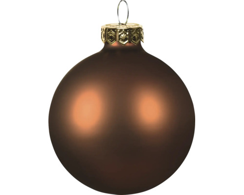 Christbaumkugel aus Glas, matt braun, mit goldfarbenem Aufhänger.