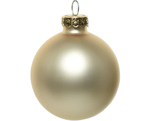 Matte, champagnerfarbene Christbaumkugel aus Glas mit Metallkappe und Aufhängeschleife.