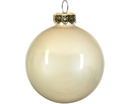 Christbaumkugel aus Glas mit Perlmutt-Effekt und goldfarbenem Aufhänger.
