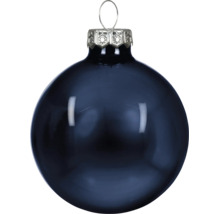 Christbaumkugel aus glänzendem Glas in Dunkelblau mit silberner Aufhängung.