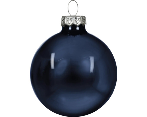 Christbaumkugel aus glänzendem Glas in Dunkelblau mit silberner Aufhängung.