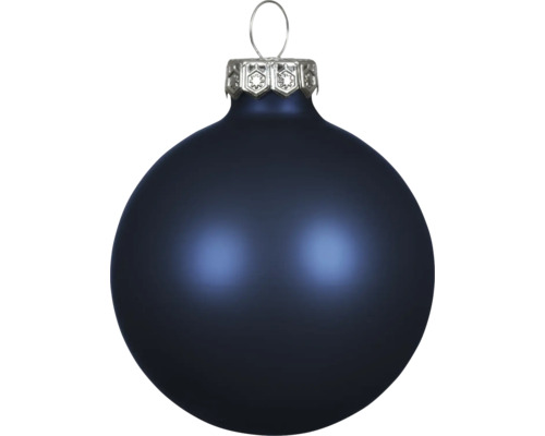 Matte dunkelblaue Weihnachtskugel aus Glas mit silberner Aufhängung.