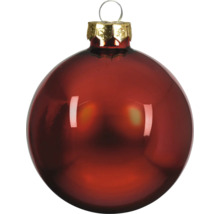 Glänzende rote Weihnachtskugel aus Glas mit goldener Kappe und Aufhängung.