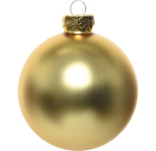 Matte goldfarbene Weihnachtskugel mit dekorativer Kappe und Aufhängeöse.