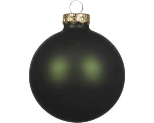 Grüne, matte Christbaumkugel mit goldfarbener Kappe und Aufhänger.