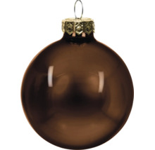 Glänzende braune Christbaumkugel mit goldfarbenem Aufhänger.