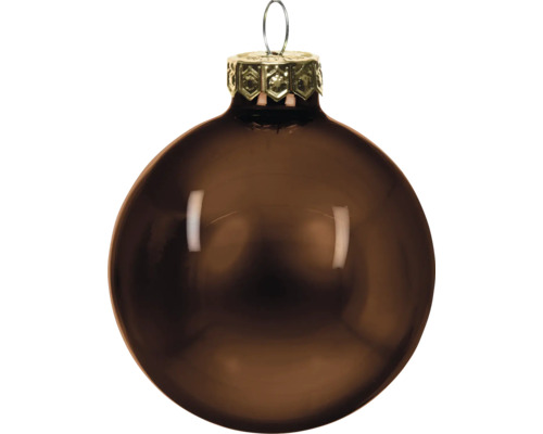Glänzende braune Christbaumkugel mit goldfarbenem Aufhänger.
