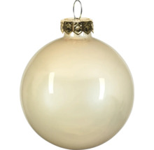 Glänzende, champagnerfarbene Christbaumkugel aus Glas mit dekorativer goldener Kappe und Aufhängeöse.