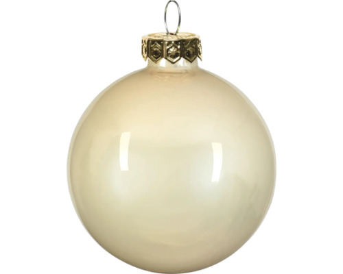 Glänzende, champagnerfarbene Christbaumkugel aus Glas mit dekorativer goldener Kappe und Aufhängeöse.
