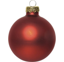Matte rote Christbaumkugel mit goldfarbenem Aufhänger.