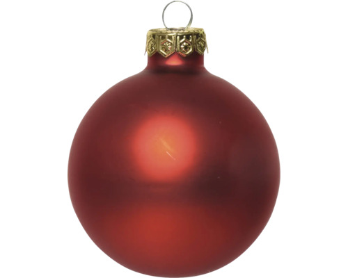 Matte rote Christbaumkugel mit goldfarbenem Aufhänger.