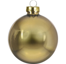 Glänzende Christbaumkugel mit goldfarbener Kappe und Aufhänger.