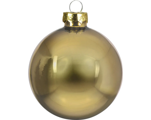 Glänzende Christbaumkugel mit goldfarbener Kappe und Aufhänger.