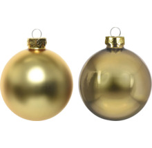 Zwei goldfarbene Weihnachtskugeln, eine matt und eine glänzend, mit Aufhängung.