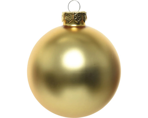 Matte goldfarbene Weihnachtskugel mit dekorativer Kappe und Aufhängeöse.