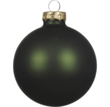 Matte dunkelgrüne Christbaumkugel aus Glas mit goldfarbenem Hütchen und Öse.