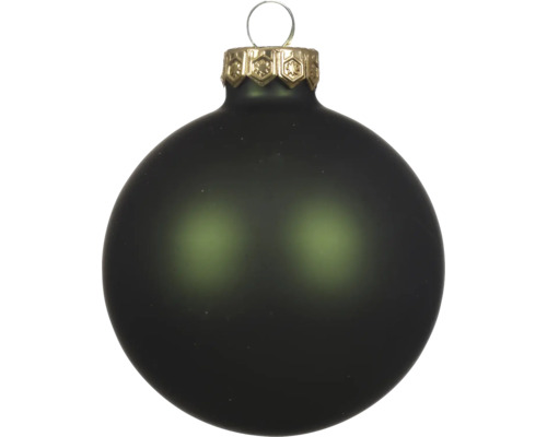 Matte dunkelgrüne Christbaumkugel aus Glas mit goldfarbenem Hütchen und Öse.