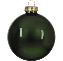 Glänzende dunkelgrüne Weihnachtskugel mit goldfarbenem Aufsatz und Drahtschlaufe.